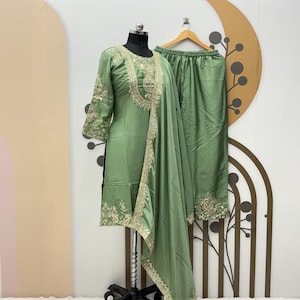 Beautiful Partywear Green Top Pant Set with Dupatta, Pakistani Designer Chinnon Silk 3 piece Salwar Kameez for Weddings Readymade Dresses