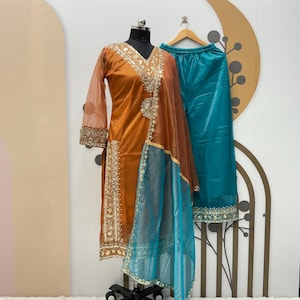 Embroidered Orange Twill Silk Salwar Kameez: Indian Kurti Pant Set