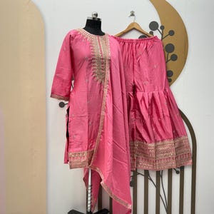 Pink Chinnon Silk Kurta Sharara Set: Embroidered Party Salwar Kameez