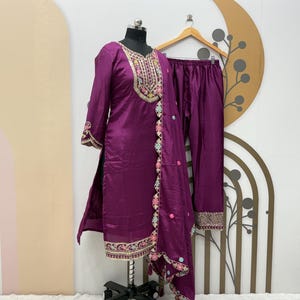 Wine Chinnon Silk Kurti Palazzo Set: Pakistani Wedding Salwar Kameez