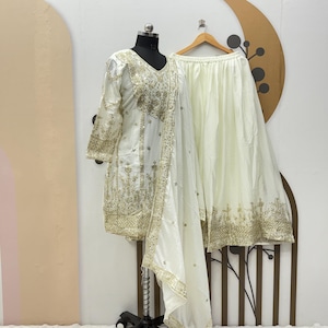 White Chinnon Silk Sharara Suit: Indian Designer Partywear with Sequence Work