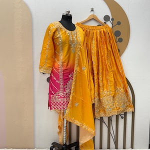 Yellow Chinon Silk Sharara Suit: Indian Designer Kurta Set