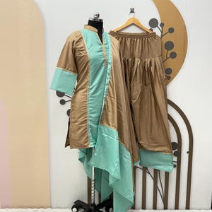 Mint Green Satin Kurta Palazzo Suit: Elegant Wedding Guest Outfit