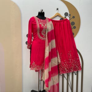 Pink Georgette Sharara Set: Embroidered Kurta, Dupatta, Partywear