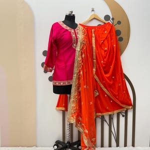 Pink Malay Silk Kurta Salwar Suit: Embroidered Dhoti, Wedding Guest Outfit