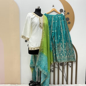 White Malay Silk Sharara Set: Indian Designer Kurta with Sequence Work