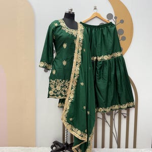 Green Crepe Salwar Kameez: Indian Designer Sharara Suit with Sequence Work