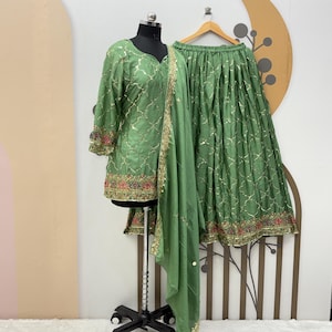 Green Chinon Silk Sharara Set: Embroidered Pakistani Kurta, Dupatta