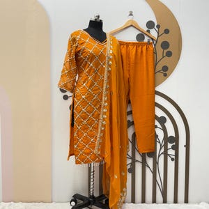 Orange Georgette Salwar Kameez: Indian Designer Kurta Pent Set