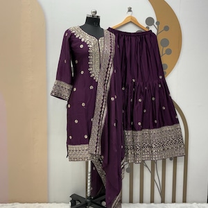Wine Chinnon Silk Kurti Sharara Set: Embroidered Pakistani Wedding Outfit