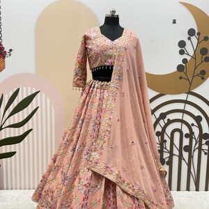 Pink Georgette Lehenga Choli With Paper Mirror With Zari Thread Work Blouse With Georgette Dupatta For USA Women, Bridesmaid Lehenga Choli