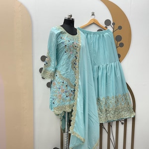 Sky Blue Crepe Salwar Kameez: Indian Designer Sharara Set with Sequence