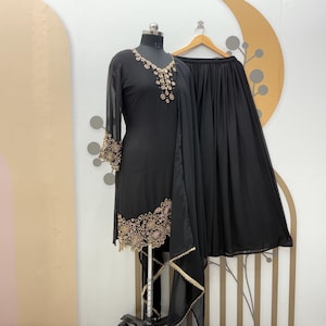 Embroidered Black Kurta Palazzo Suit: Faux Georgette Indian Wedding Wear