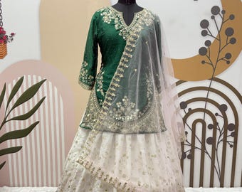 Green Chinon Silk Top With lehenga with embroidery sequence work dupatta for women, Wedding Top With Lehenga, Ethnic outfit For USA Women
