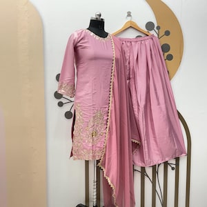 Embroidered Crepe Kurta Palazzo Suit: Designer Salwar Kameez with Dupatta