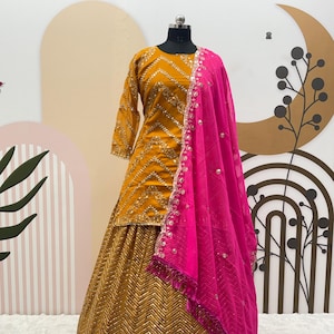 Yellow Embroidered Georgette Lehenga with Dupatta: Indian Women&#39;s Dress