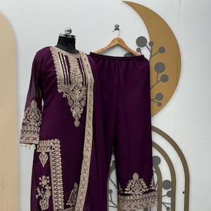 Wine Embroidery Straight Kurti Palazzo set, Premium 3 Pc Readymade Shalwar Kameez Pakistani suit, Ethnic Readymade Wedding Wear Dress