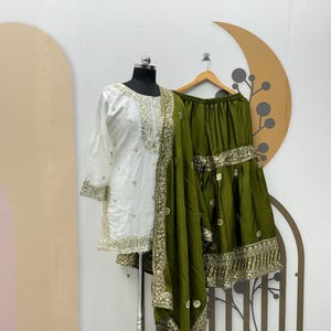 Embroidered Sharara Set: Faux Georgette Top, Army Green Dupatta