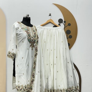 White Chinon Silk Kurta Sharara Set: Thread & Sequence Work