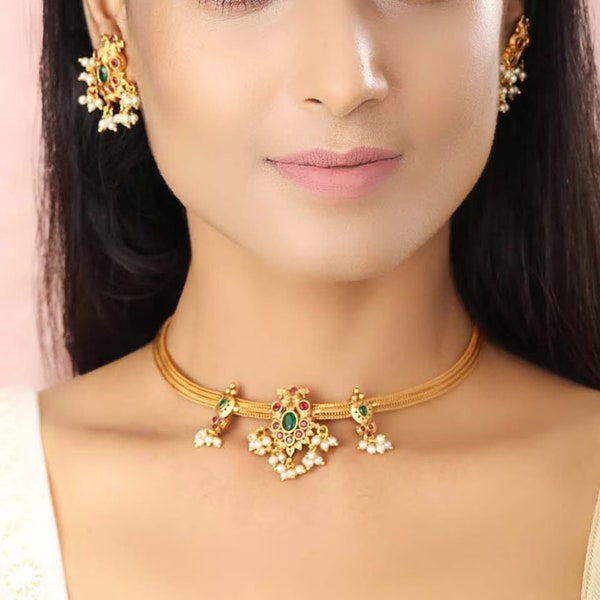 Rofarword South Indian Gold Plated Jewellery Set /Temple Jewelry Set /Choker Necklace / Choker Set/ Bollywood Jewelry/ Indian Jewelry/ Gifts