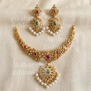 Kundan Bridal Necklace Set, Indian Wedding Jewelry with Earrings, Ruby Green Pendant Choker, Gold Pearl Gift for Women