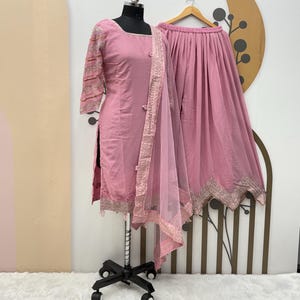 Pink Georgette Kurta Sharara Set: Embroidered Partywear Salwar Kameez
