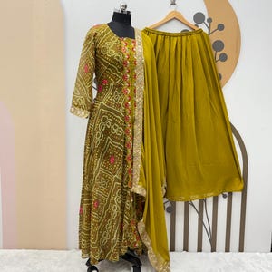 Green Georgette Gown Plazzo Set: Indian Designer Sequins Embroidery Partywear