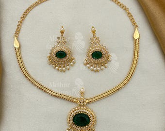 Gold Plated Green Stone Necklace Set with Earrings | Indian Bridal Jewelry | Pearl Drop Statement Necklace