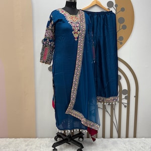 Blue Vichitra Silk Kurta Palazzo Set: Embroidered Indian Partywear