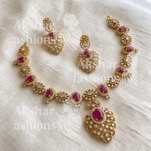 Ruby Pink Bridal Jewelry Set, Vintage Gold Tone Necklace Earrings Set, Indian Wedding Jewelry, Statement Bridal Necklace