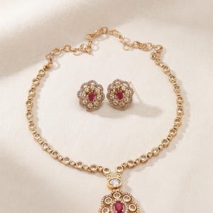 Ruby Crystal Necklace Set, Red Stone Necklace and Stud Earrings, Indian Inspired Jewelry, Gold Tone Bridal Set, Wedding Jewelry Gift