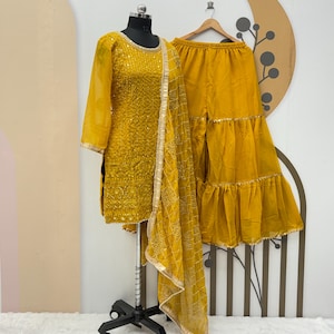 Traje punjabi amarillo de diseñador, salwar kameez para mujer, confeccionado en India, tela georgette, kurta étnica de diseñador pakistaní para mujer/niña.