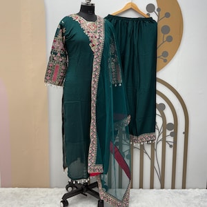 Embroidered Green Vichitra Silk Punjabi Suit: Indian Designer Salwar Kameez