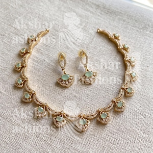 Brautschmuck Set, Mint Grün, Brautschmuck Set Gold, CZ Ohrringe, Hochzeitsschmuck für Braut, zierliche Statement Halskette Brautjungfer Geschenk Vintage Style