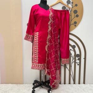 Pink Satin Silk Salwar Kameez: Embroidered Indian Kurta Palazzo Set