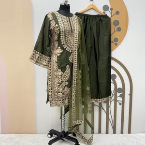Green Embroidered Salwar Kameez: Indian Partywear Suit with Sequence Work