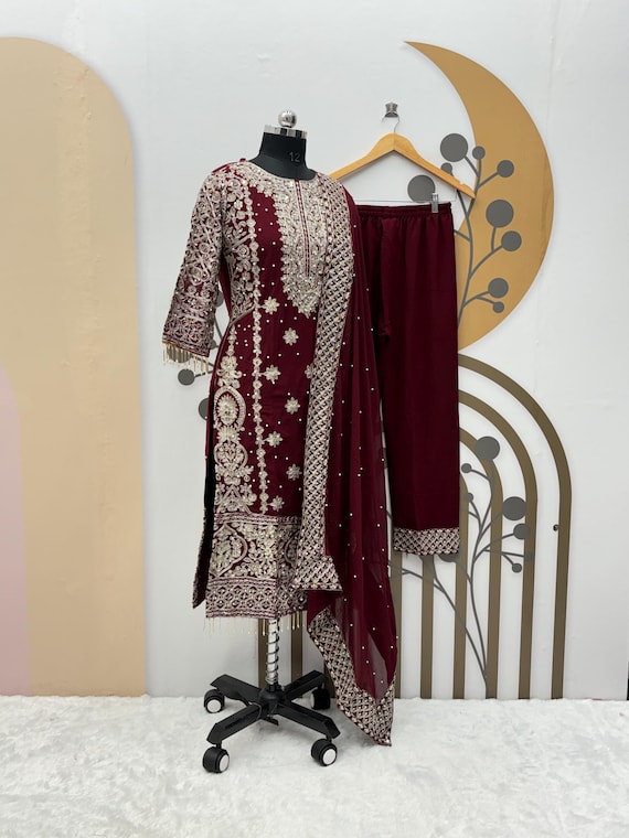 Premium Pakistani Maroon Suit Fully Embroidered Dress With Pant