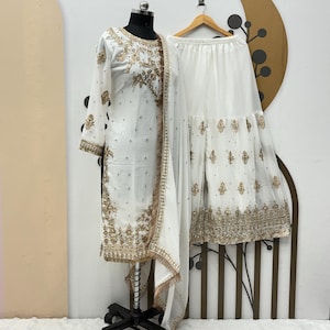 Embroidered Georgette White Kurti Sharara Set: Pakistani Wedding Party Wear