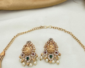 Conjunto de collar con colgante del templo de Lakshmi, joyería nupcial chapada en oro