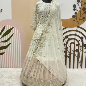 White Georgette Top Lehenga Choli With Embroidery Sequence Work And Georgette Dupatta For Women, Indian Lehenga, Wedding Lehenga,Ethnic Wear