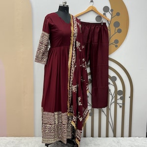 Designer Maroon Anarkali Gown For Women, Full Flared Gown With Dupatta Pant Set, Indian Festival Outfit Full Stitched Anarkali Gown For Girl