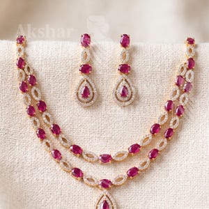 Ruby Bridal Necklace Set, Double Layer Necklace, Wedding Jewelry Set, Statement Necklace Earrings Set, CZ Stone Necklace, Bridesmaid Gift