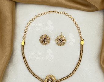 Floral Gold Plated Necklace Set with Earrings, Indian Bridal Jewelry, Traditional Ethnic Stone Necklace