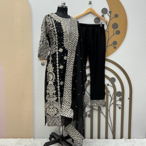 Punjabi Black Pakistani Style Readymade Kurta For Women, Pakistani Women Indian Kurta 3 Piece kurta Designer Salwar Kameez For USA Women