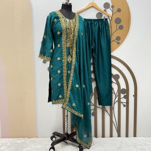 Teal Blue Chinnon Silk Salwar Kameez: Embroidery Coding Sequence Work Dupatta