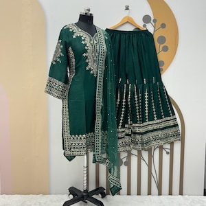 Embroidered Chinnon Silk Sharara Set: Green Pakistani Kurta Dupatta