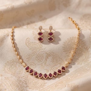 Rubinrosa brudsmyckeset, guldfärgat halsband/örhängesset, bröllopssmycken, uttalandehalsband, brudtärnepresent