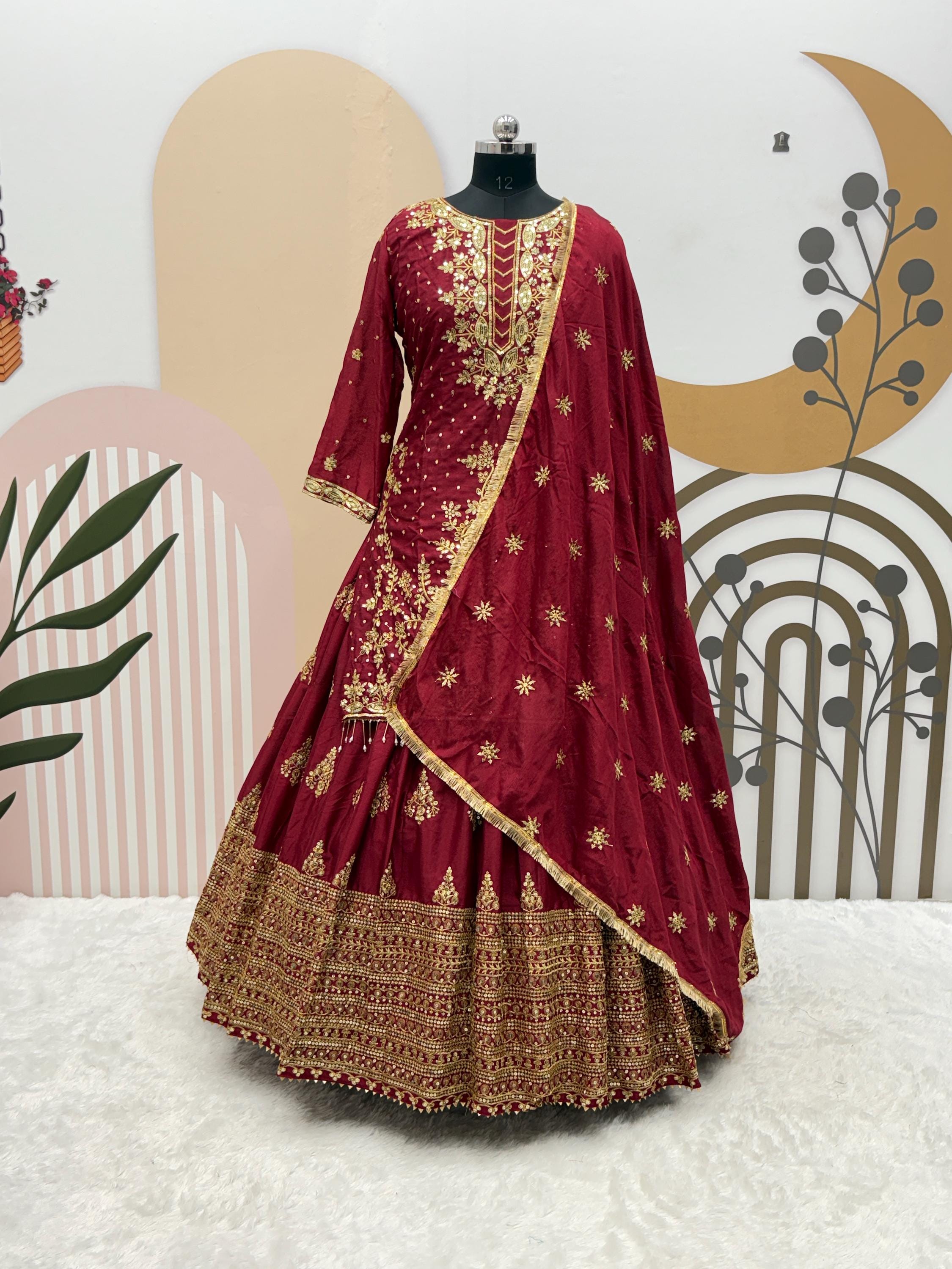 Red Chinnon Silk top lehenga choli with embroidery sequence work and Chinnon Silk dupatta for women, Wedding Top Lehenga, Ethnic outfits