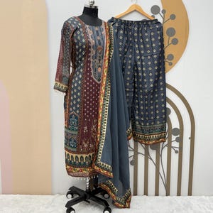Grauer Georgette Kurta Salwar mit Stickerei-Ablaufarbeit und Dupatta für Frauen, Designer Salwar Kameez, 3Pc bereit, Salwar-Anzug zu tragen