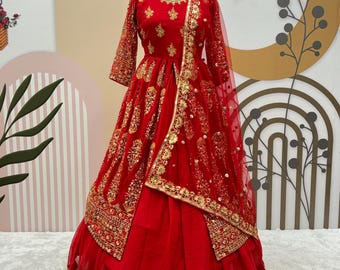 Red georgette top lehenga choli with embroidery sequence work and georgette dupatta for women, Wedding Top Lehenga, Ethnic outfit For Women